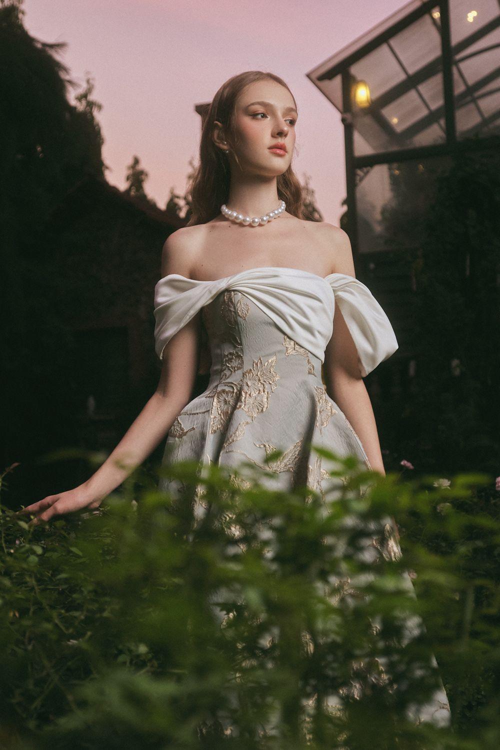 Bertha Fit and Flare Off-Shoulder Brocade Midi Dress - MEAN BLVD