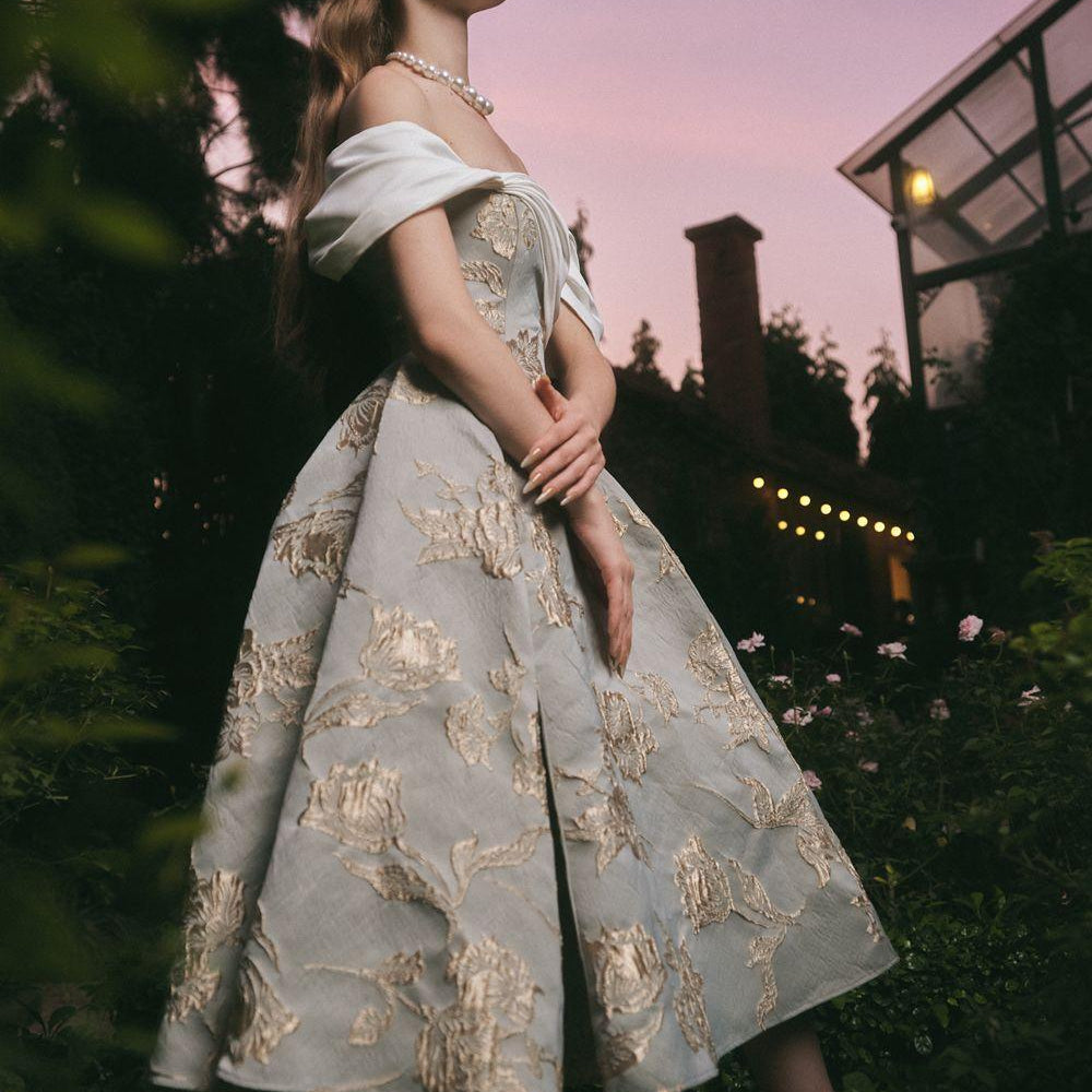 Women's Bertha Fit and Flare Off-Shoulder Brocade Midi Dress XS/XS/S/M/L/XL/Customize Blue Floral MEAN BLVD L / Blue / Floral