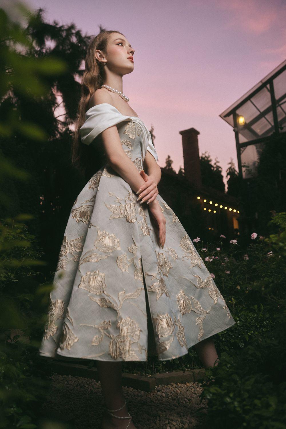 Bertha Fit and Flare Off-Shoulder Brocade Midi Dress - MEAN BLVD