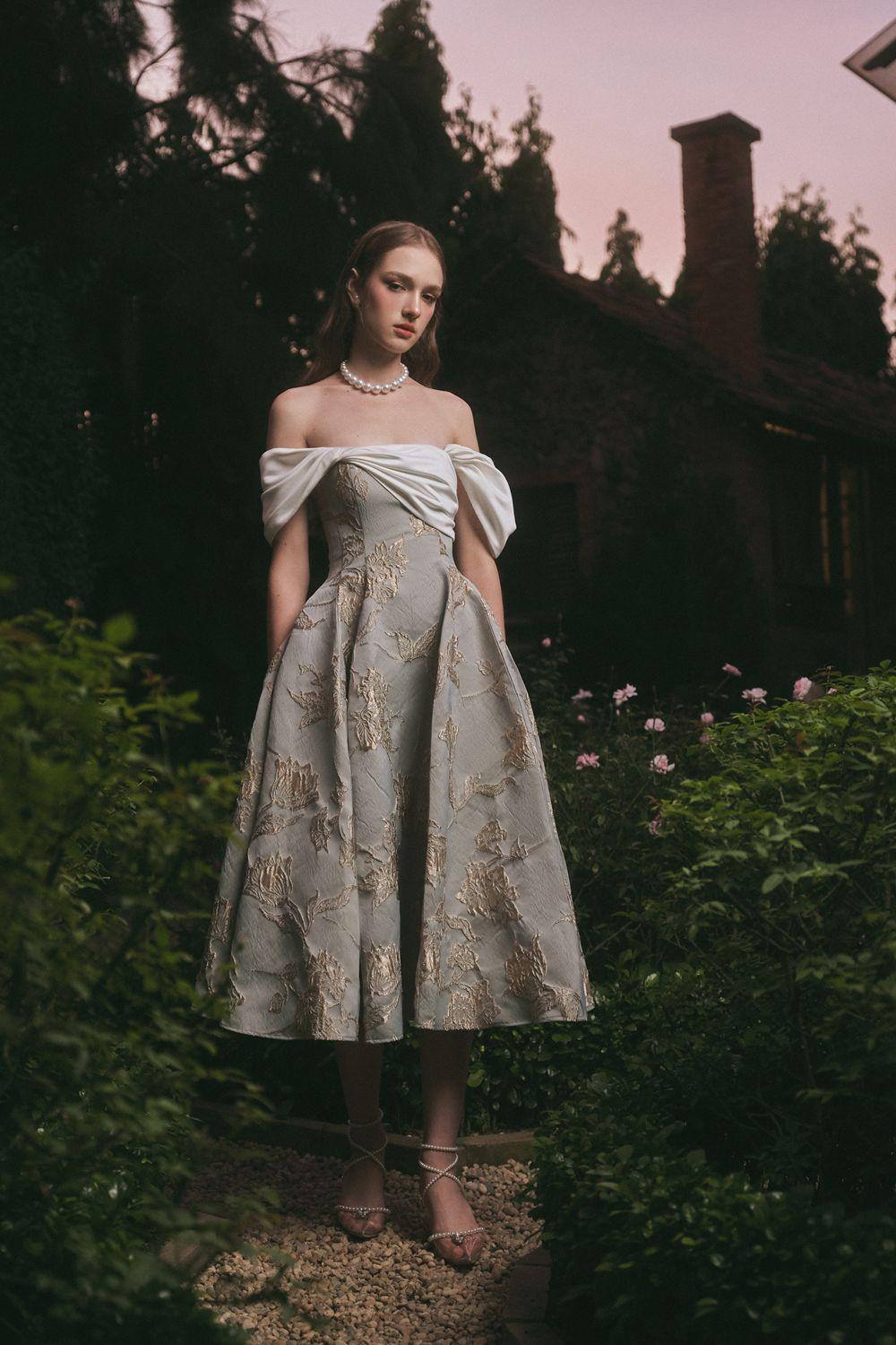 Bertha Fit and Flare Off-Shoulder Brocade Midi Dress - MEAN BLVD