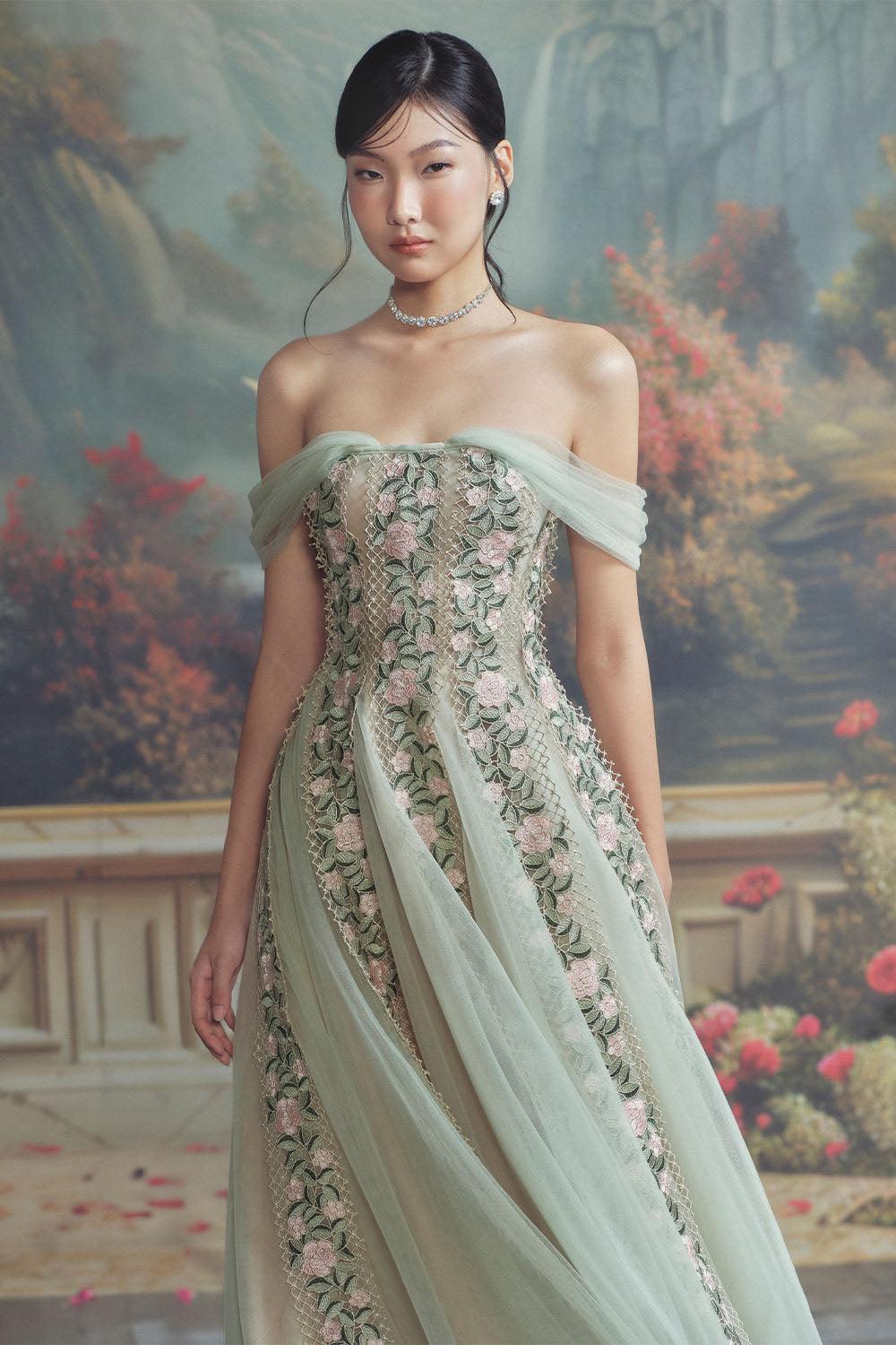 Women's Beverly Gored Off-Shoulder Mesh Lace Calf Length Dress XS/XS/S/M/L/XL/Customize Green Floral MEAN BLVD Women's Beverly Gored Off-Shoulder Mesh Lace Calf Length Dress XS/XS/S/M/L/XL/Customize Green Floral MEAN BLVD