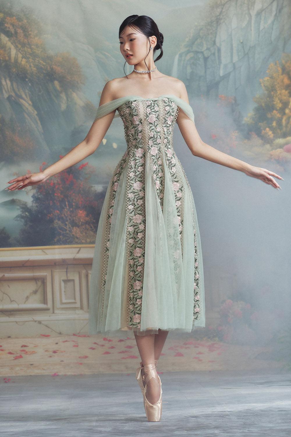 Women's Beverly Gored Off-Shoulder Mesh Lace Calf Length Dress XS/XS/S/M/L/XL/Customize Green Floral MEAN BLVD L / Green / Floral Women's Beverly Gored Off-Shoulder Mesh Lace Calf Length Dress XS/XS/S/M/L/XL/Customize Green Floral MEAN BLVD L / Green / Floral