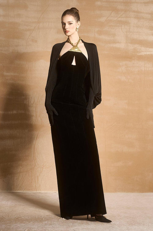 Bisaria Halter Cut-Out Velvet Floor Length Dress - MEAN BLVD