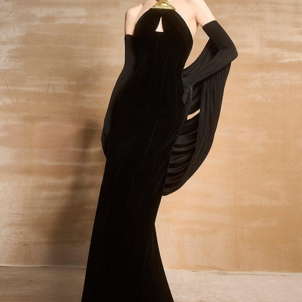 Bisaria Halter Cut-Out Velvet Floor Length Dress - MEAN BLVD