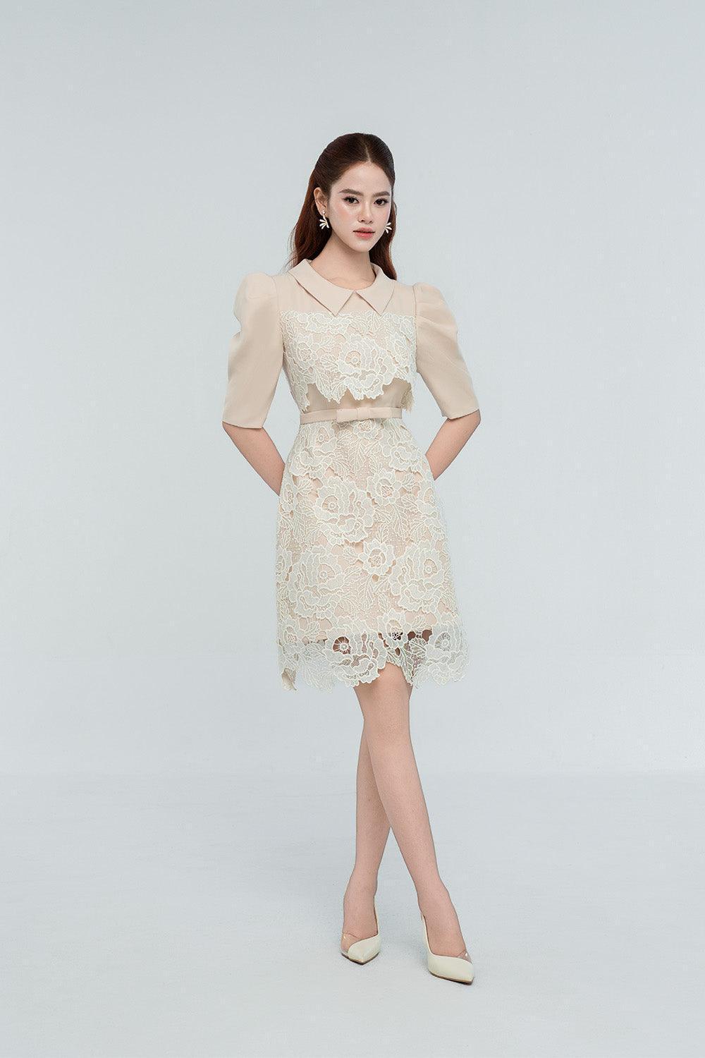 Women's Blakely A-Line Collared Neck Polyester Spandex Mini Dress S/M/L/Customize Beige Mean Blvd Beige / L