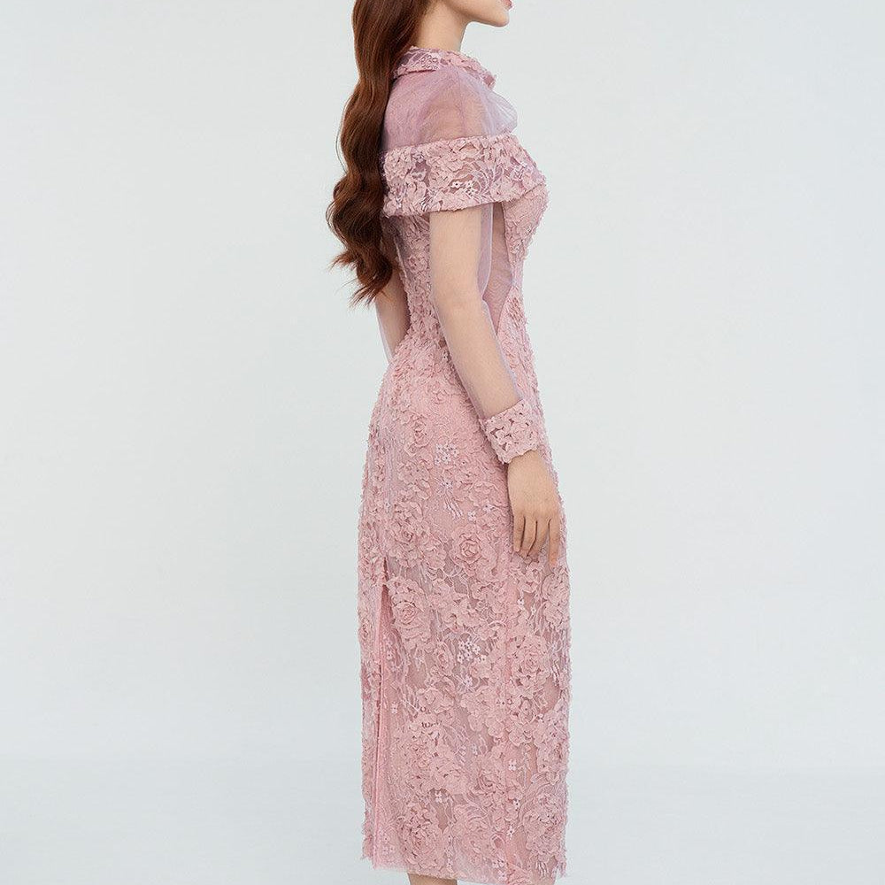 Blakely Sheath Cape Shoulder Lace Midi Dress - MEAN BLVD