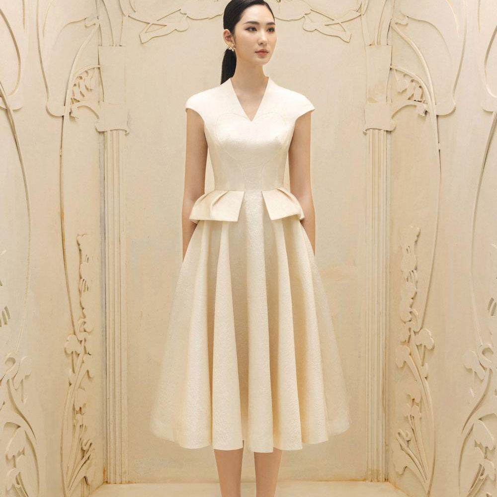 Blanche Peplum V-Neck Taffeta Midi Dress - MEAN BLVD