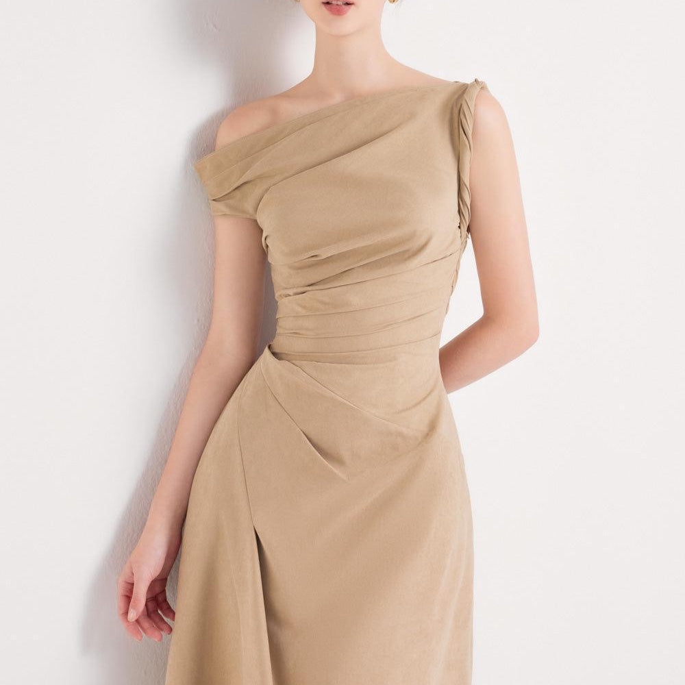 Women's Bliss A-line Asymmetric Sleeved Khaki Silk Ankle Length Dress XS/S/M/L/XL/Customize Brown MEAN BLVD Brown / Customize Women's Bliss A-line Asymmetric Sleeved Khaki Silk Ankle Length Dress XS/S/M/L/XL/Customize Brown MEAN BLVD Brown / Customize