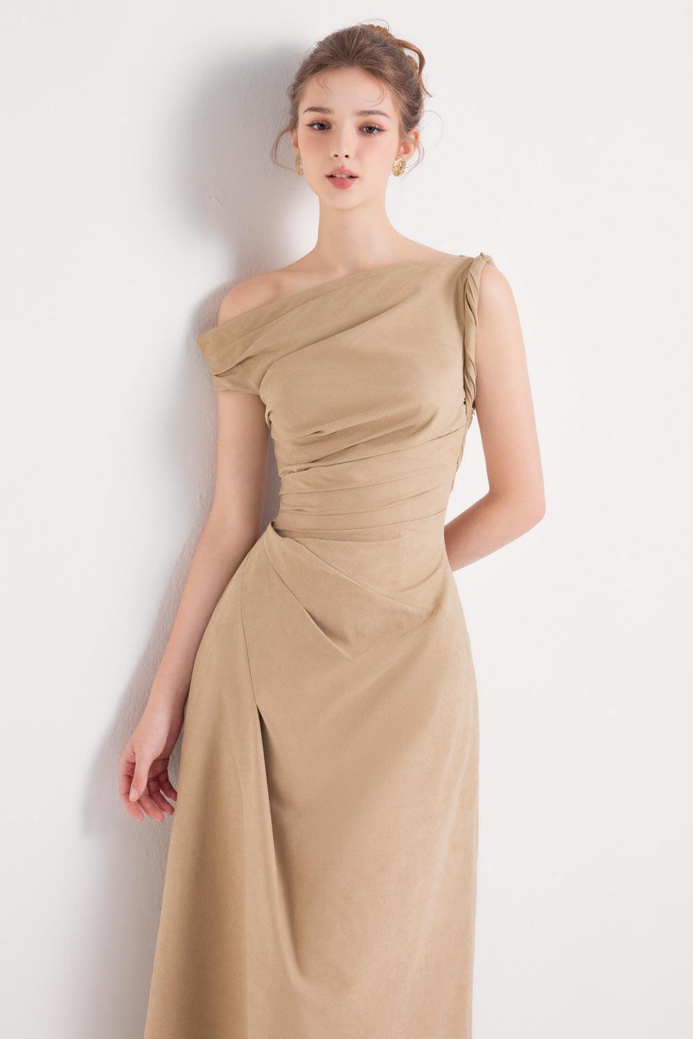 Women's Bliss A-line Asymmetric Sleeved Khaki Silk Ankle Length Dress XS/S/M/L/XL/Customize Brown MEAN BLVD Brown / S Women's Bliss A-line Asymmetric Sleeved Khaki Silk Ankle Length Dress XS/S/M/L/XL/Customize Brown MEAN BLVD Brown / S