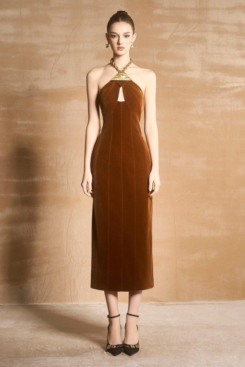 Blitha Halter Sleeveless Velvet Midi Dress - MEAN BLVD