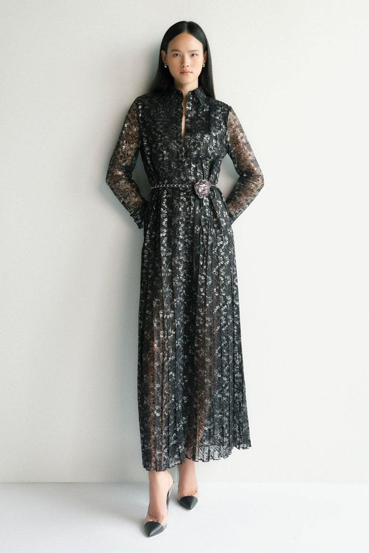 Bloom Pleated Shirt Collar Lace Maxi Dress - MEAN BLVD