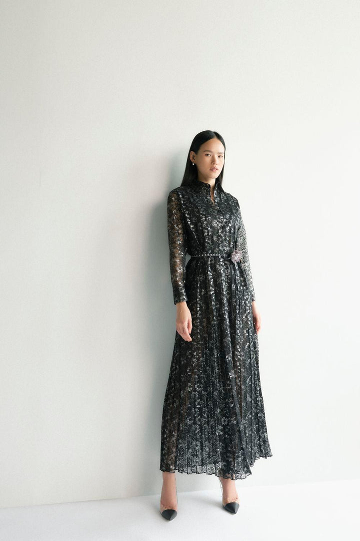 Bloom Pleated Shirt Collar Lace Maxi Dress - MEAN BLVD