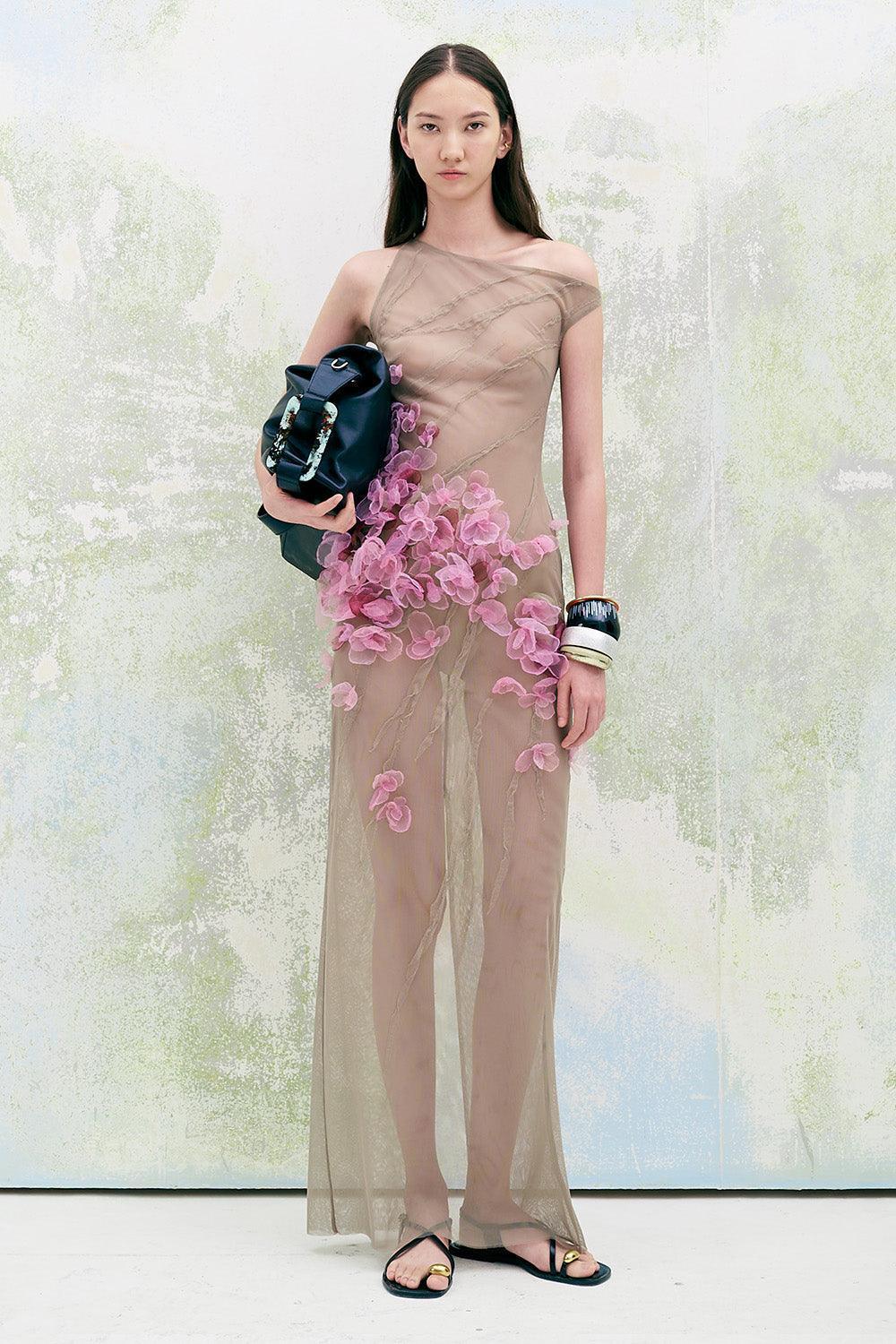 Blossom Sheath Diagonal Neck Tulle Floor Length Dress - MEAN BLVD