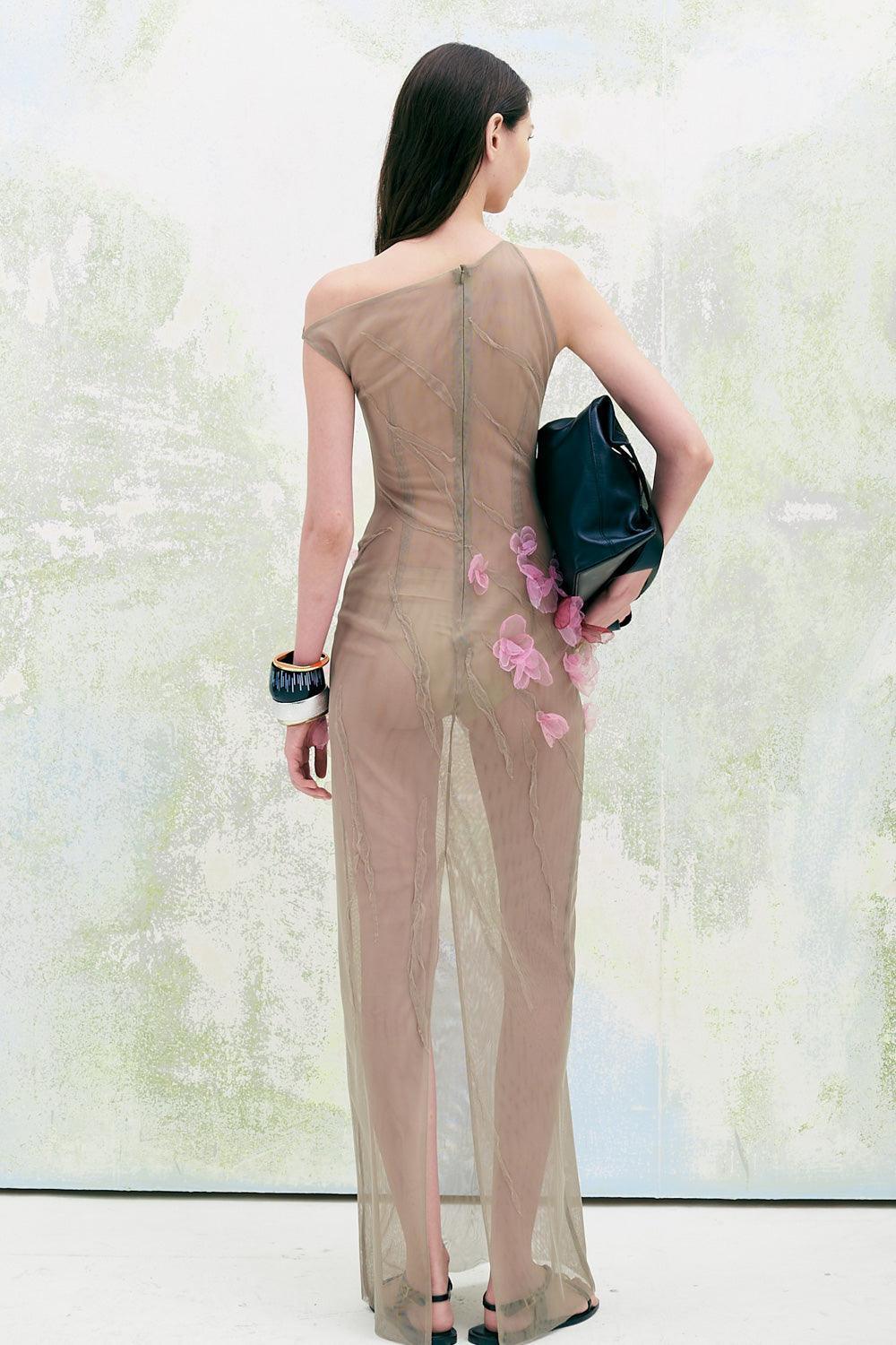 Blossom Sheath Diagonal Neck Tulle Floor Length Dress - MEAN BLVD