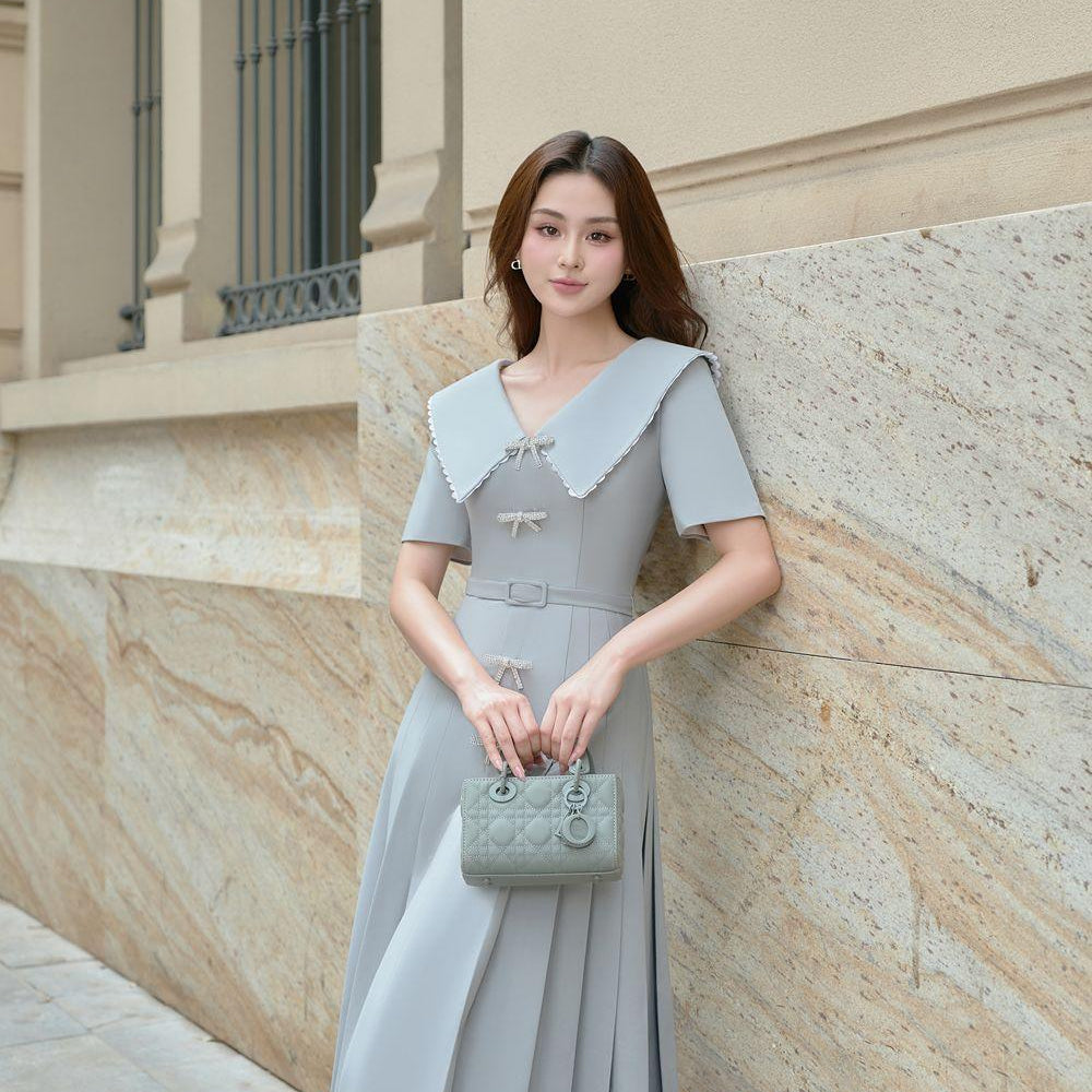 Bluebows A-line Side Pleated Linen Cotton Midi Dress - MEAN BLVD