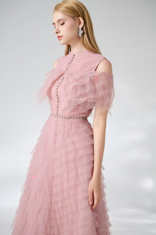 Bowers Layered Round Neck Organza Ankle Length Dress - MEAN BLVD