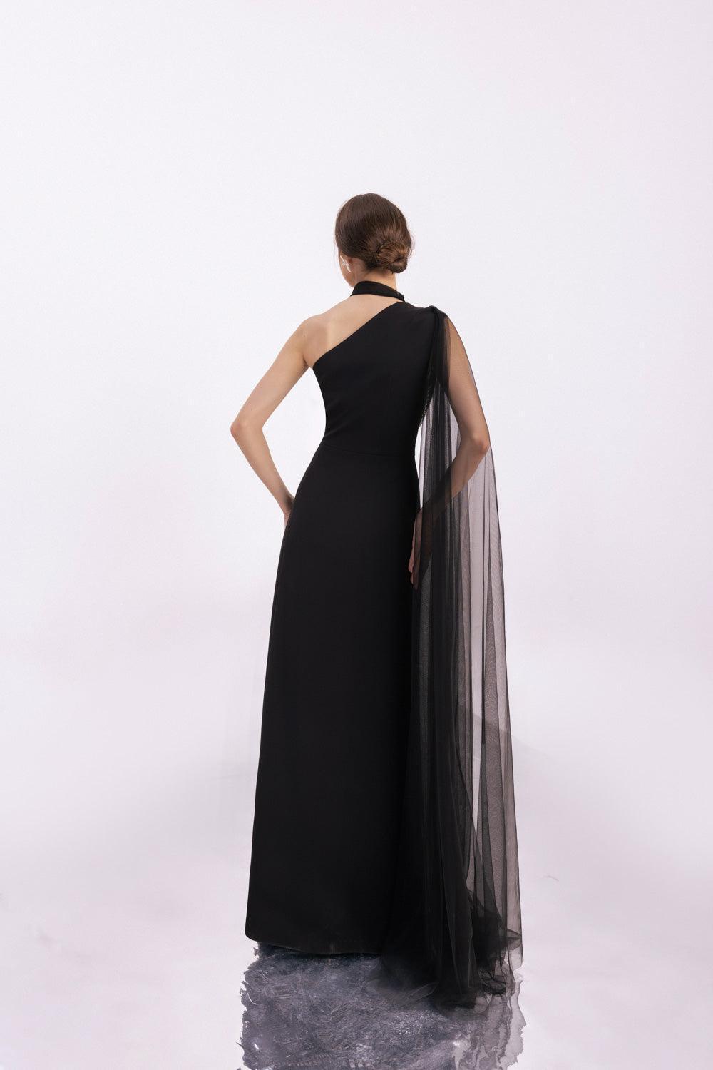 Brandt A-line Asymmetric Twill Floor Length Dress Black / M