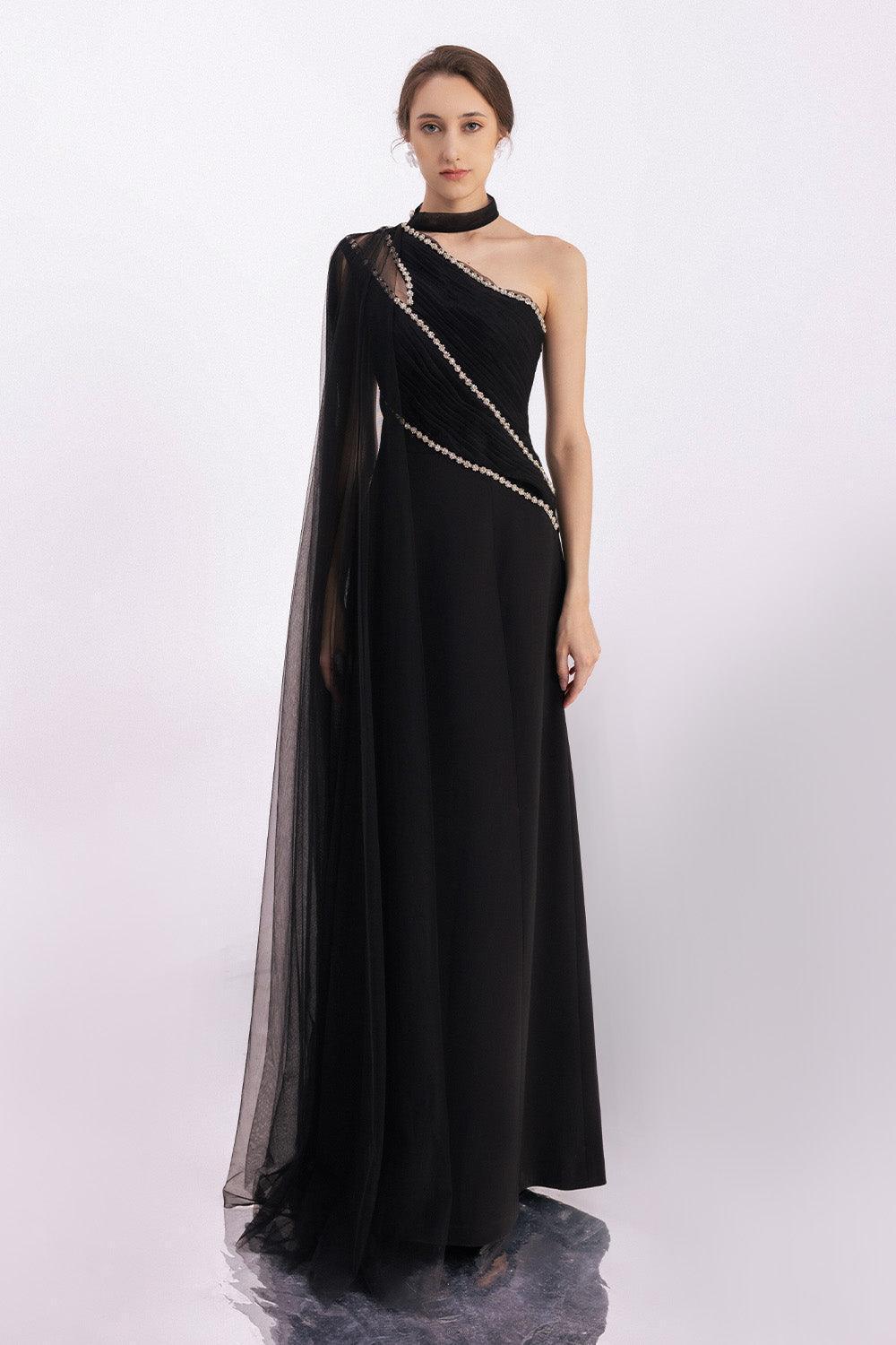 Brandt A-line Asymmetric Twill Floor Length Dress Black / M