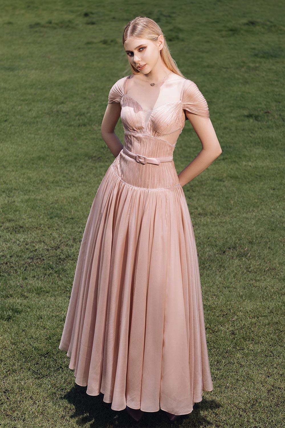 Women's Brea Drop Waist Gathered Organza Ankle Length Dress Customize Pink Nude MEAN BLVD Women's Brea Drop Waist Gathered Organza Ankle Length Dress Customize Pink Nude MEAN BLVD