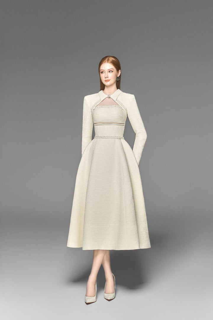 Brenna A-line Cut-Out Tweed Midi Dress - MEAN BLVD