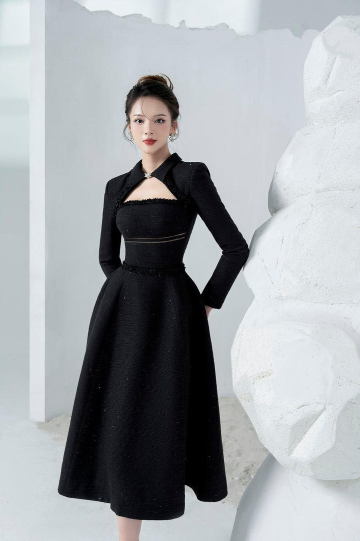 Brenna A-line Cut-Out Tweed Midi Dress - MEAN BLVD