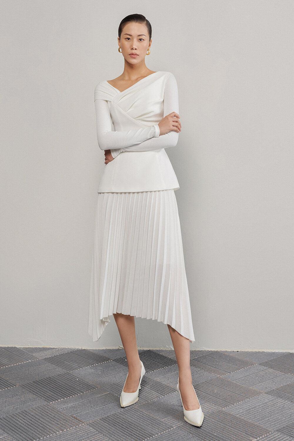 Brianna Sheath Asymmetric Neck Crinkle Crepe Top - MEAN BLVD