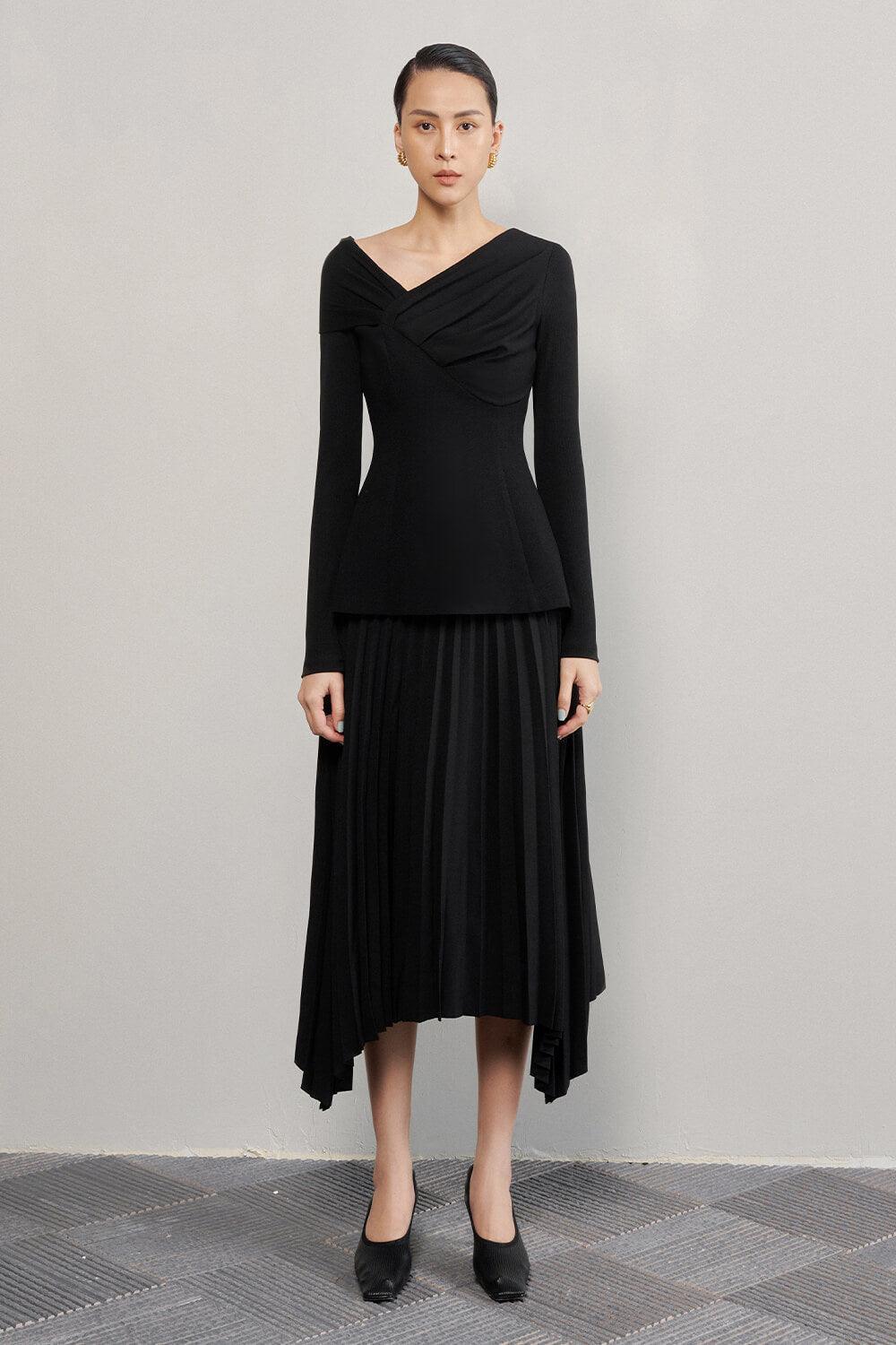 Brianna Sheath Asymmetric Neck Crinkle Crepe Top - MEAN BLVD