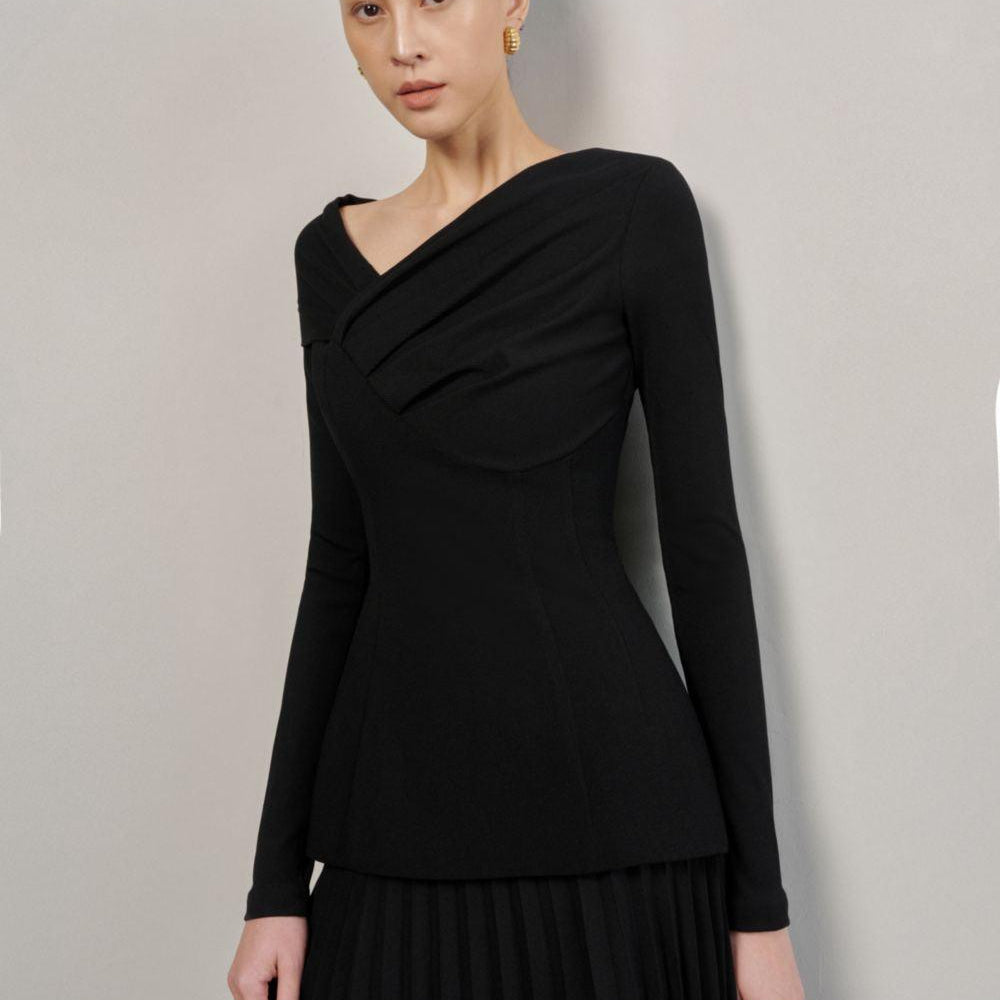 Brianna Sheath Asymmetric Neck Crinkle Crepe Top - MEAN BLVD