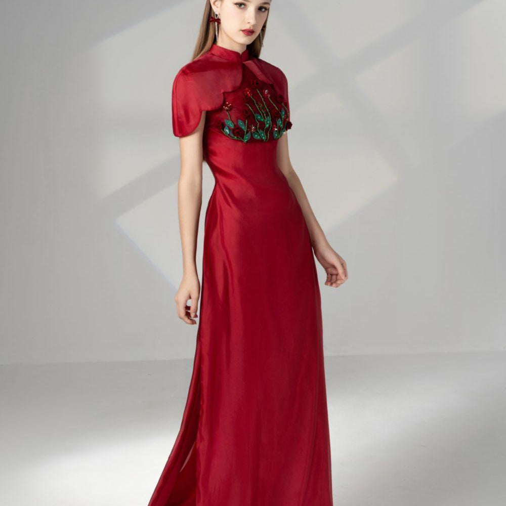 Brianna Sheath Flower Applique Silk Organza Floor Length Ao Dai - MEAN BLVD