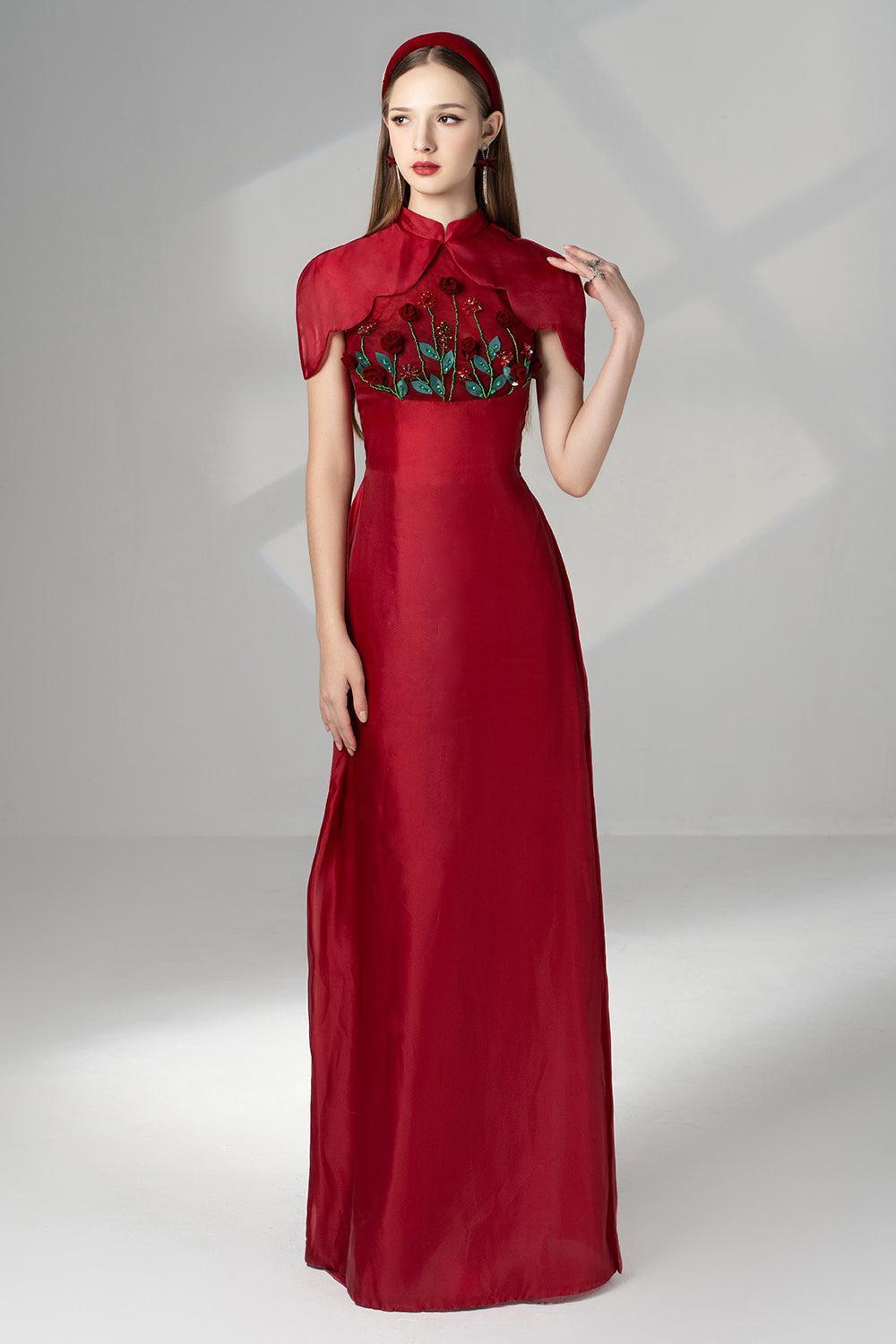 Brianna Sheath Flower Applique Silk Organza Floor Length Ao Dai - MEAN BLVD