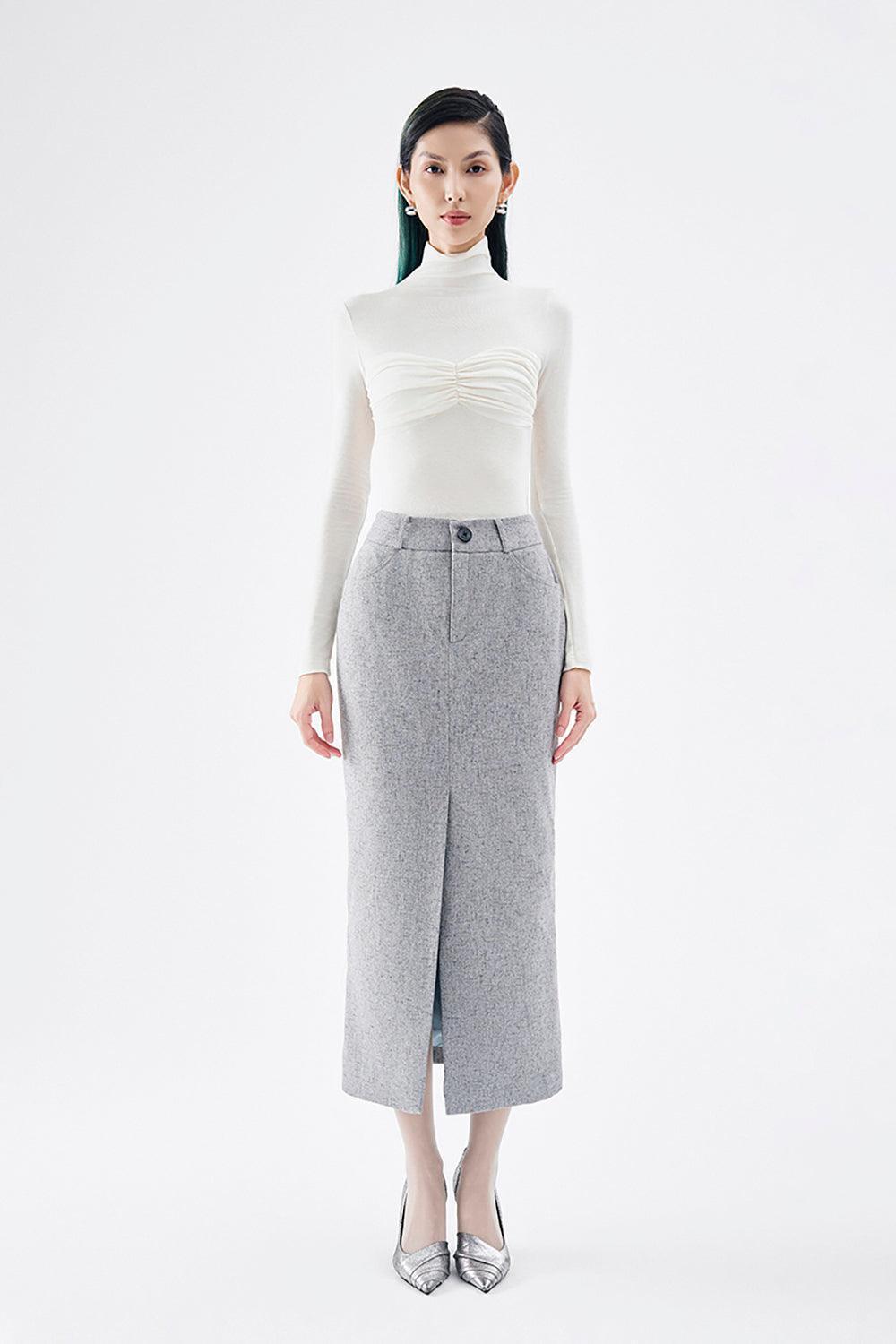 Briar Pencil Front Slit Wool Blend Midi Skirt - MEAN BLVD