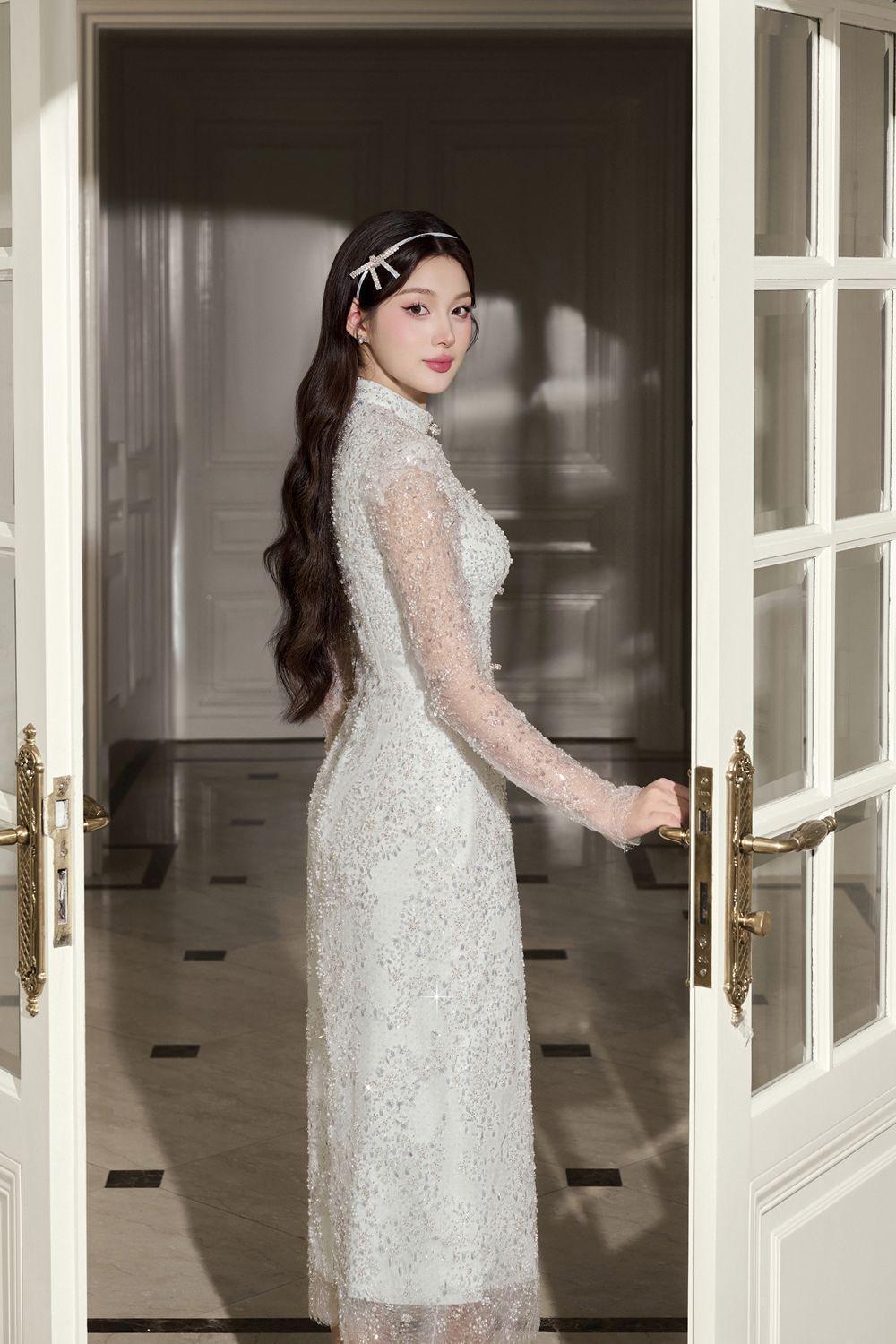 Women's Bridal Sheath Long Sleeved Organza Midi Dress S/M/L/Customize White Mean Blvd White / L Women's Bridal Sheath Long Sleeved Organza Midi Dress S/M/L/Customize White Mean Blvd White / L