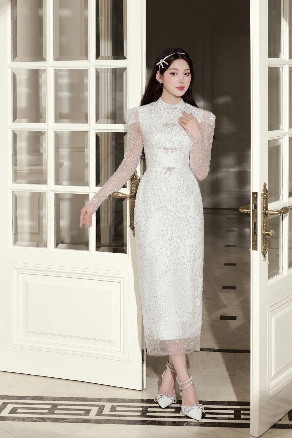 Women's Bridal Sheath Long Sleeved Organza Midi Dress S/M/L/Customize White Mean Blvd White / L Women's Bridal Sheath Long Sleeved Organza Midi Dress S/M/L/Customize White Mean Blvd White / L