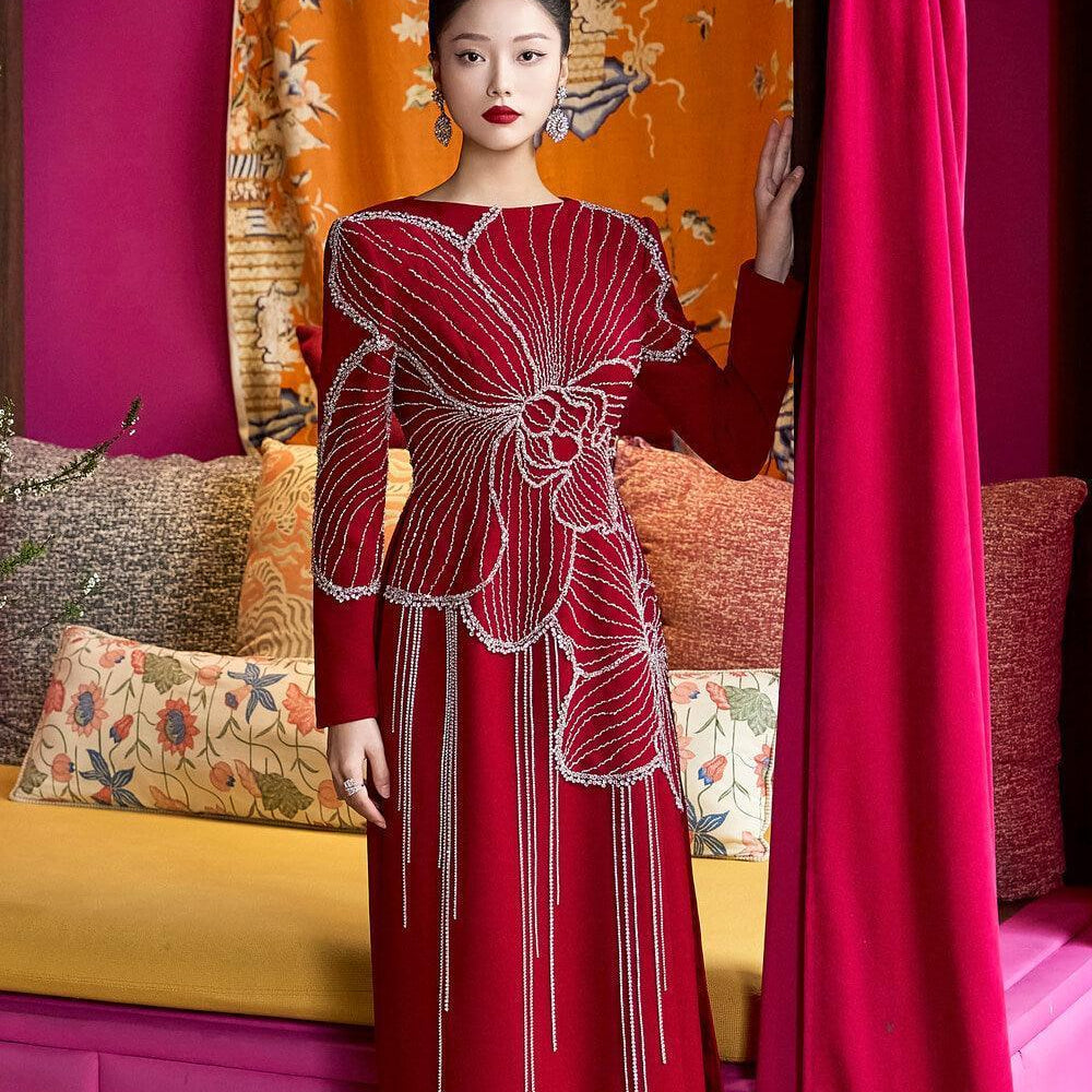 Brillia Sheath Stone Velvet Satin Floor Length Ao Dai - MEAN BLVD