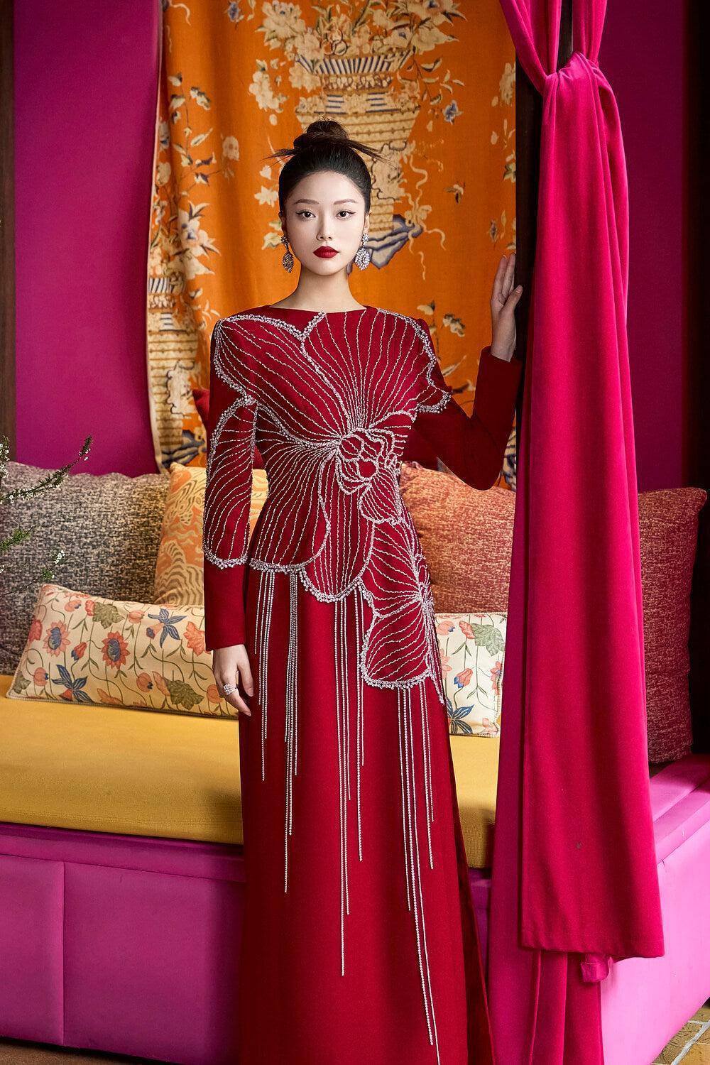 Brillia Sheath Stone Velvet Satin Floor Length Ao Dai - MEAN BLVD