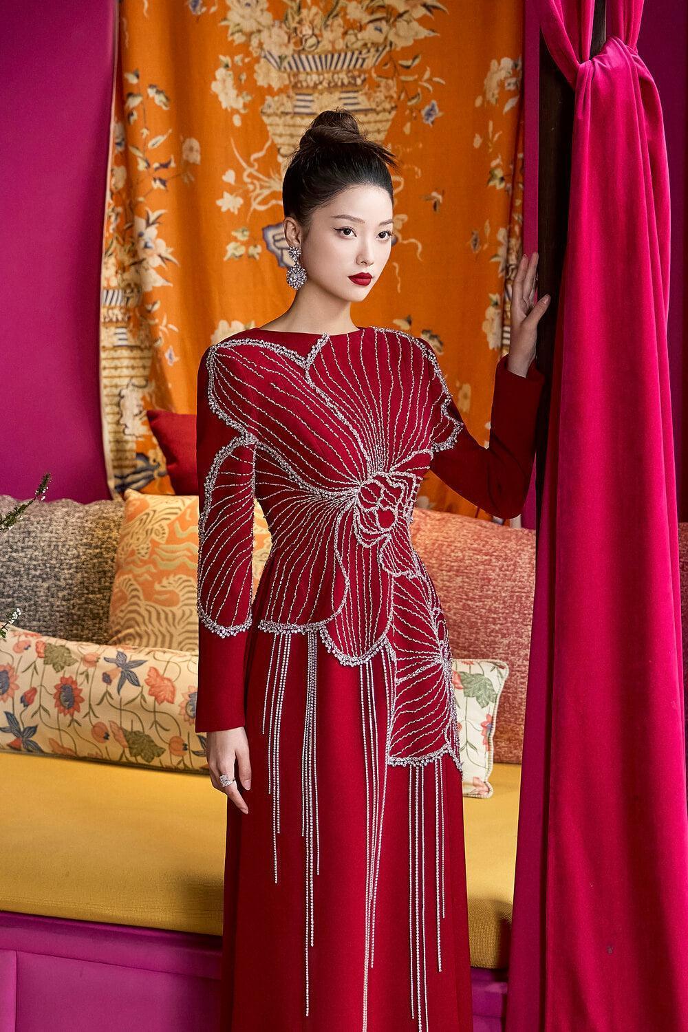 Brillia Sheath Stone Velvet Satin Floor Length Ao Dai - MEAN BLVD
