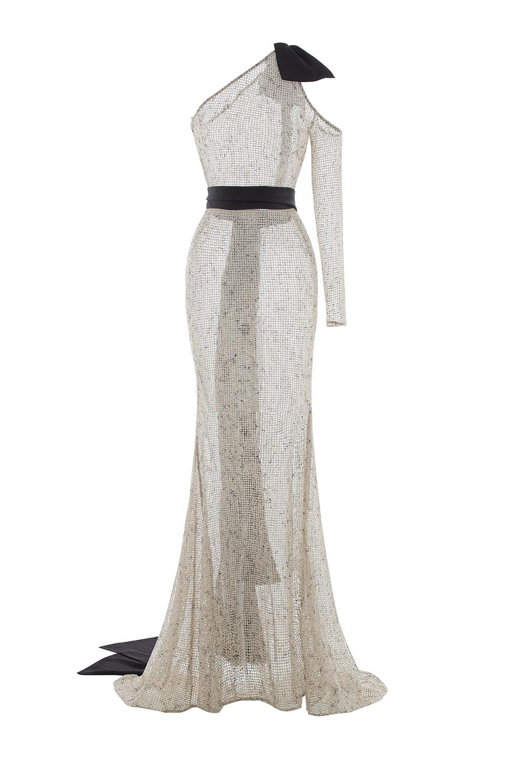 Britney Mermaid One Shoulder Cotton Mesh Floor Length Dress Hazelnut / XL