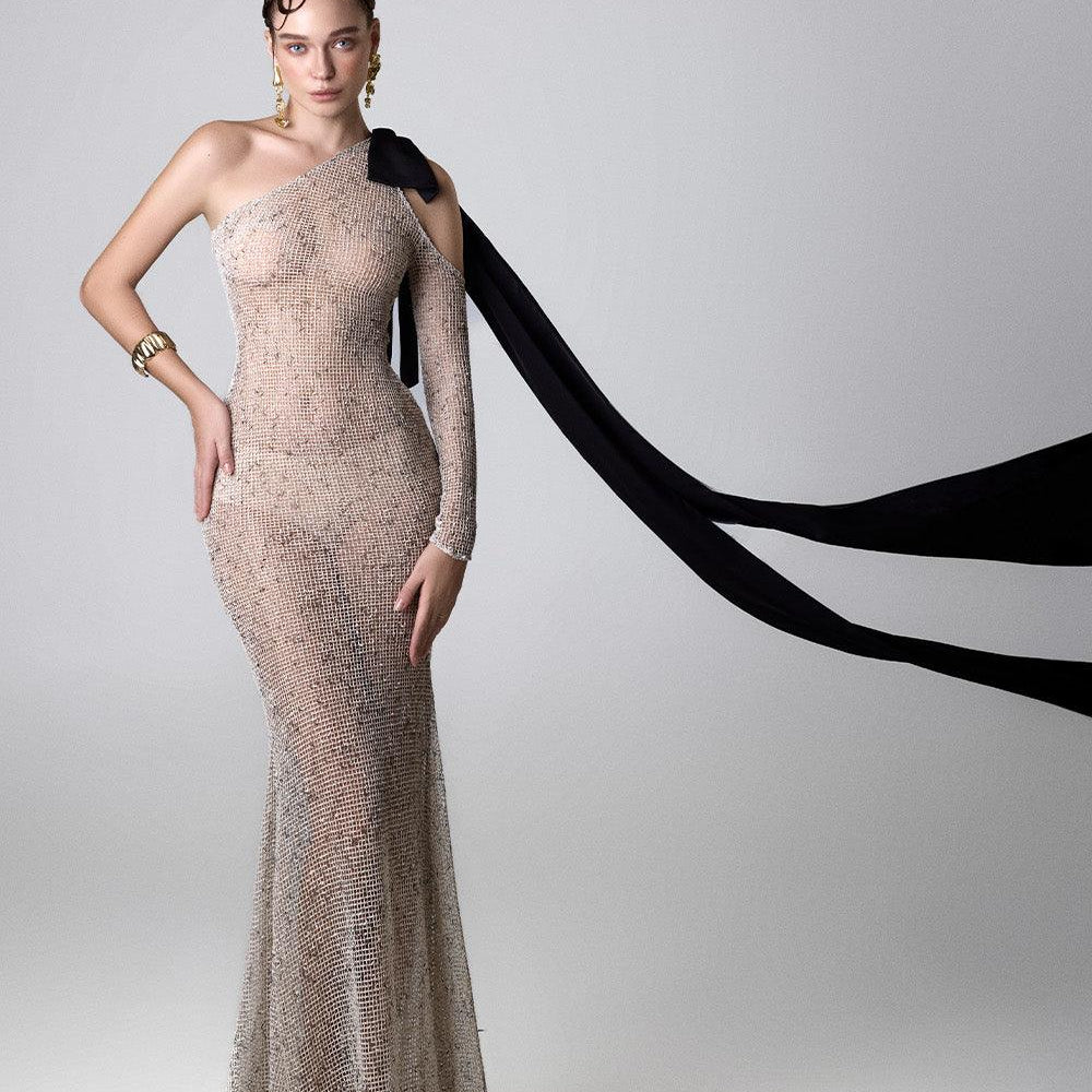 Britney Mermaid One Shoulder Cotton Mesh Floor Length Dress - MEAN BLVD