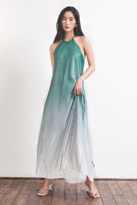 Brooklyn Pleated Halter Neck Silk Maxi Dress - MEAN BLVD
