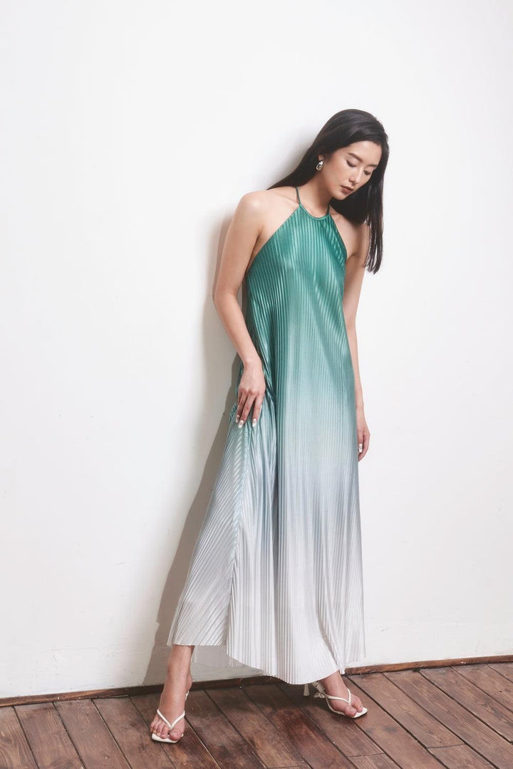 Brooklyn Pleated Halter Neck Silk Maxi Dress - MEAN BLVD