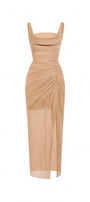 Brown Organza Linen Draped Dress - MEAN BLVD