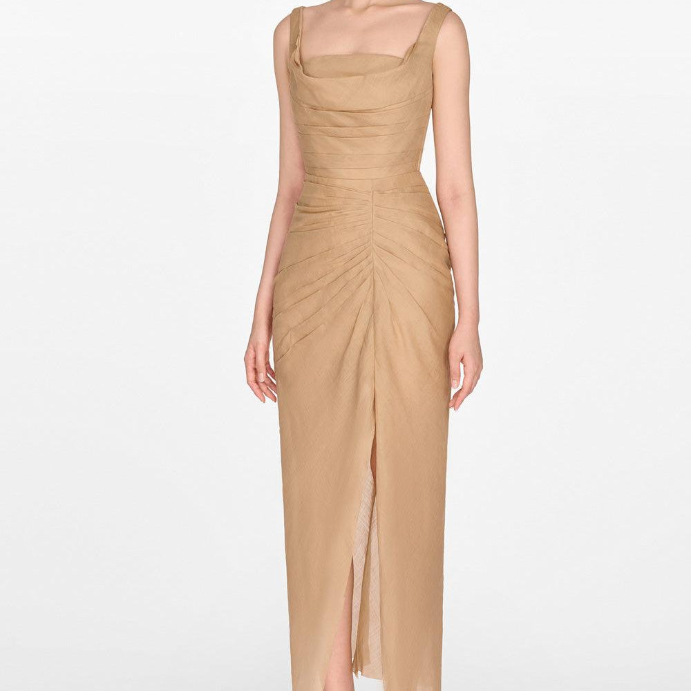 Brown Organza Linen Draped Dress - MEAN BLVD