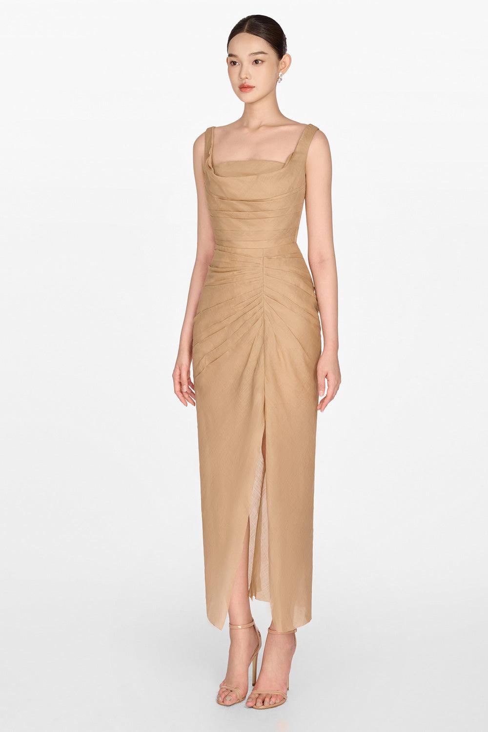 Brown Organza Linen Draped Dress - MEAN BLVD