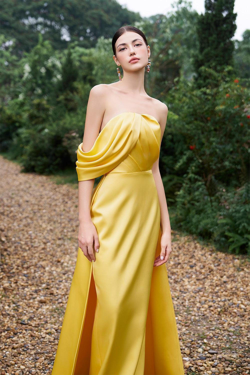 yellow silk off the shoulder dress Ninon Yellow Off Shoulder Ruched Maxi Dress