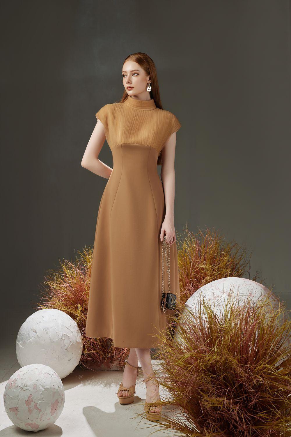 pleated chest dress Pleated chest with long sleeves green dress-Govan missodd.com