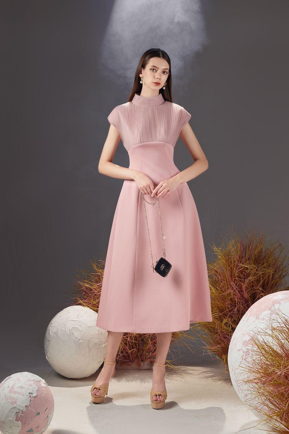 Women's Butler A-line Pleated Chest Taffeta Silk Midi Dress XS/S/M/L/XL Black/Pink/Brown MEAN BLVD XS / Pink Women's Butler A-line Pleated Chest Taffeta Silk Midi Dress XS/S/M/L/XL Black/Pink/Brown MEAN BLVD XS / Pink