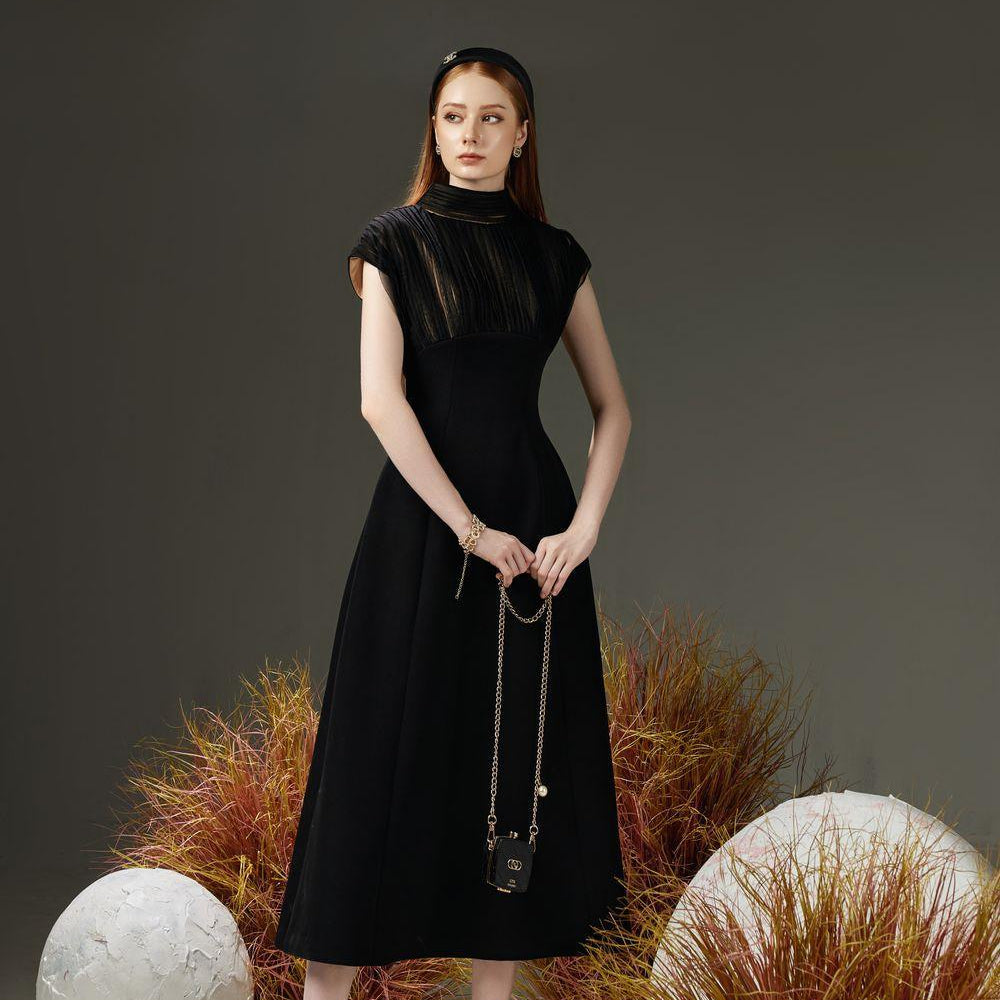 Butler A-line Pleated Chest Taffeta Silk Midi Dress - MEAN BLVD