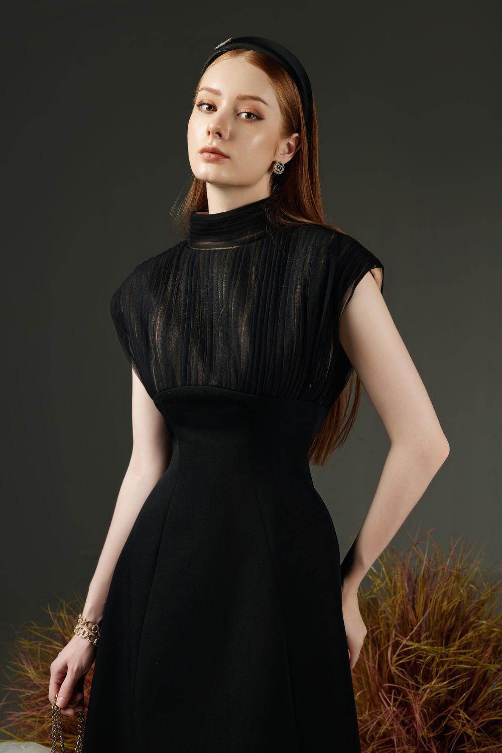 Butler A-line Pleated Chest Taffeta Silk Midi Dress - MEAN BLVD