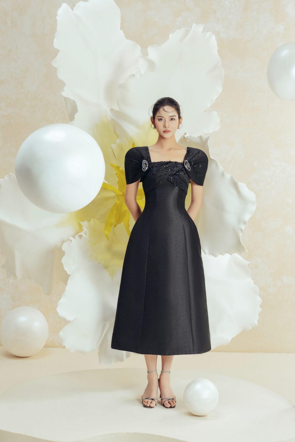 Butterfly A-line Square Neck Taffeta Midi Dress - MEAN BLVD