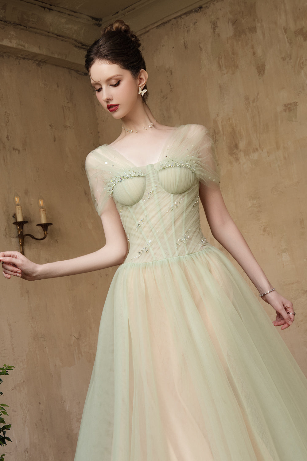 Women's Mirelle A-line Stone Tulle Maxi Dress S/M/L/Customize Pastel Green MEAN BLVD Pastel Green / M Women's Mirelle A-line Stone Tulle Maxi Dress S/M/L/Customize Pastel Green MEAN BLVD Pastel Green / M